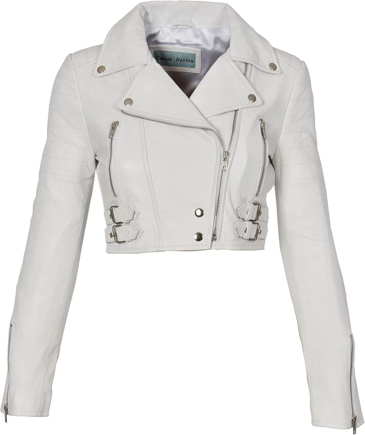White Leather Womens Biker Jacket Short Cropped Fitted Bolero Bustier Coat Amanda