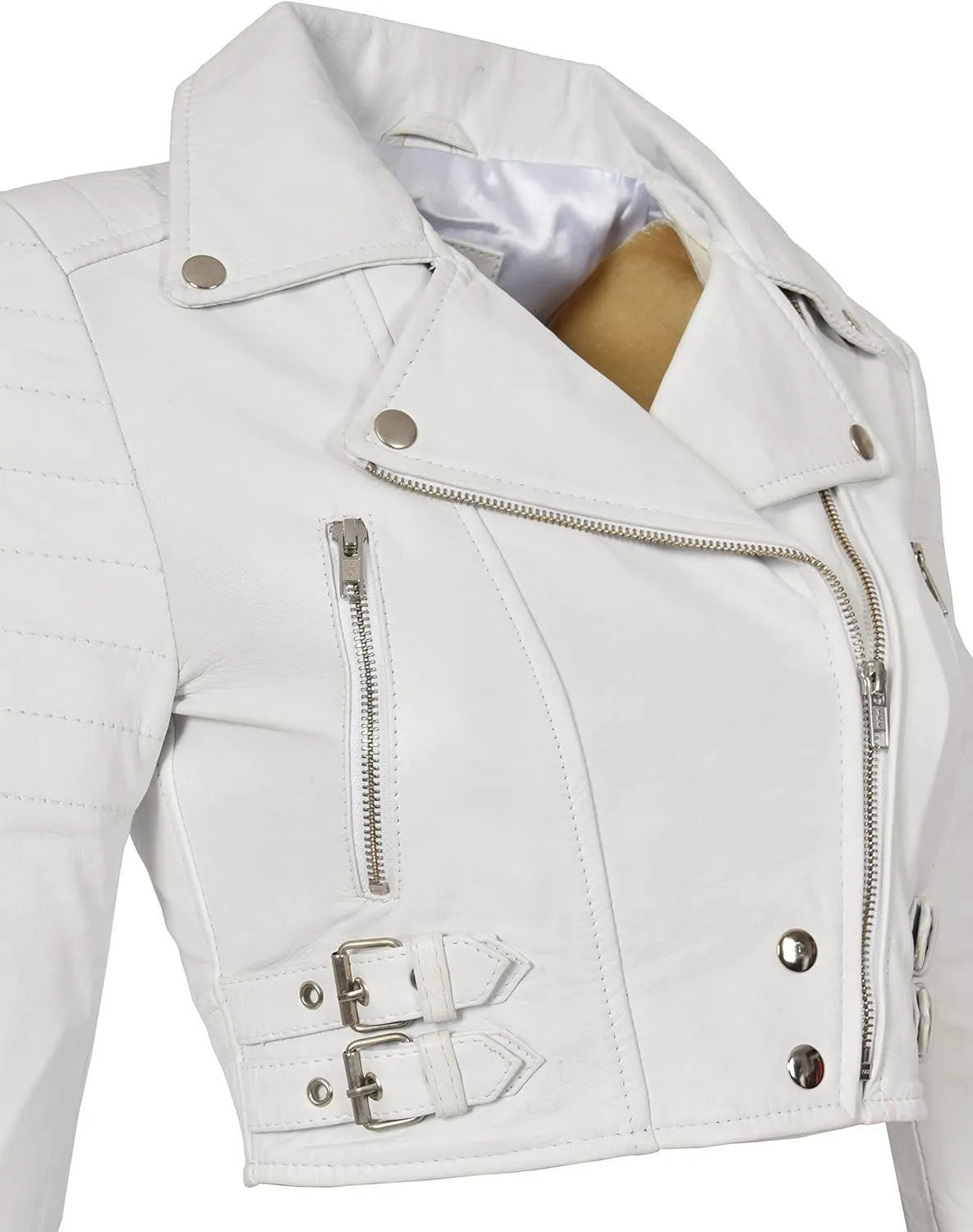 White Leather Womens Biker Jacket Short Cropped Fitted Bolero Bustier Coat Amanda