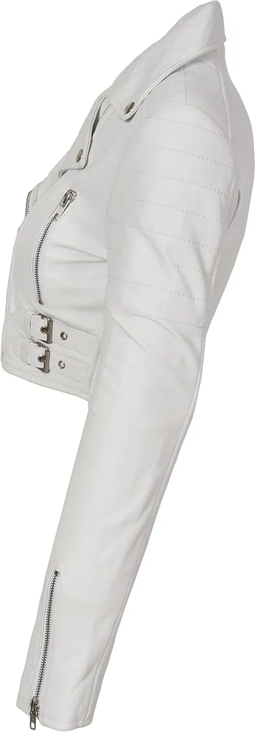 White Leather Womens Biker Jacket Short Cropped Fitted Bolero Bustier Coat Amanda