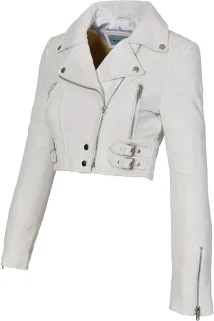 White Leather Womens Biker Jacket Short Cropped Fitted Bolero Bustier Coat Amanda