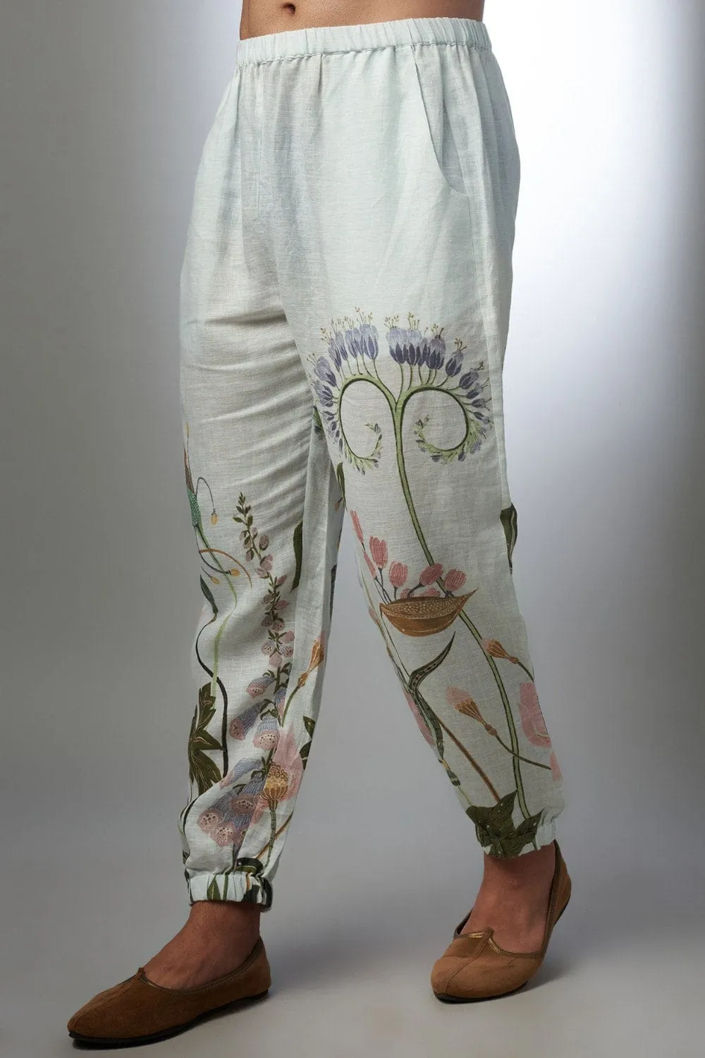 White Printed Linen Bomber Kurta With Jogger Pant