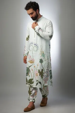 White Printed Linen Bomber Kurta With Jogger Pant