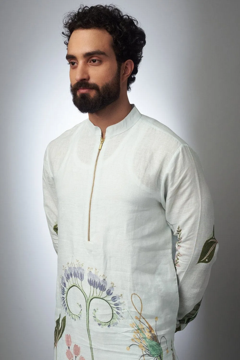White Printed Linen Bomber Kurta With Jogger Pant