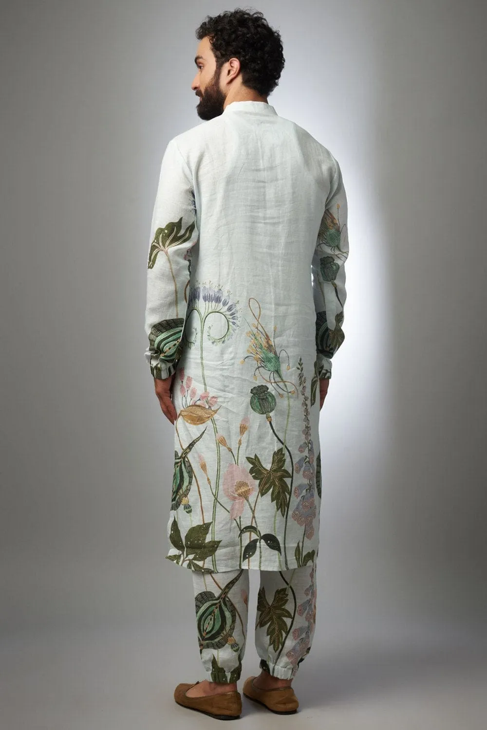 White Printed Linen Bomber Kurta With Jogger Pant