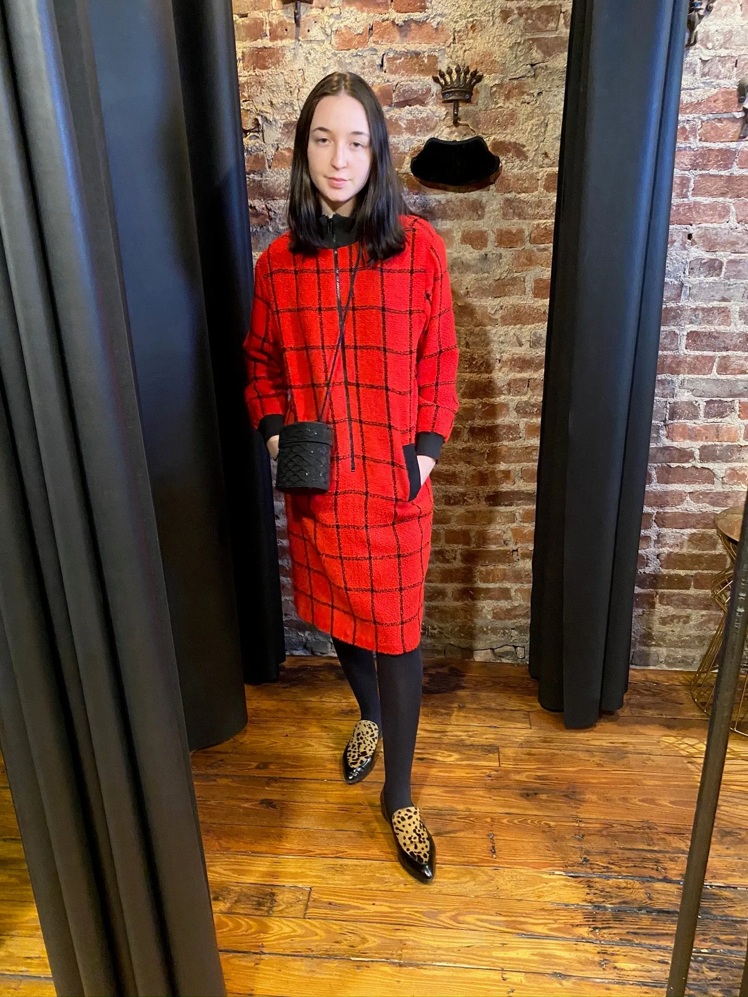 Window pane red bomber dress