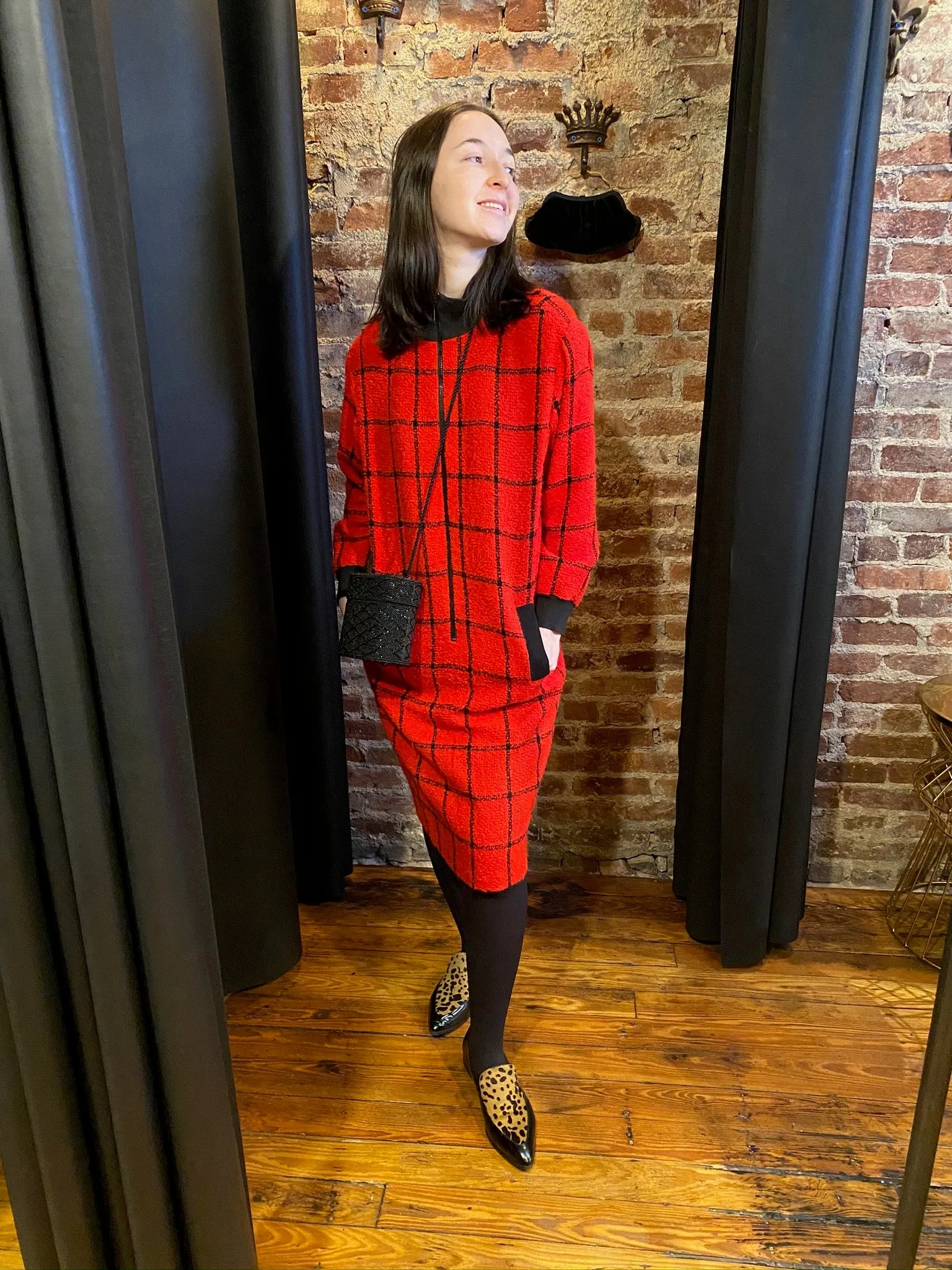 Window pane red bomber dress
