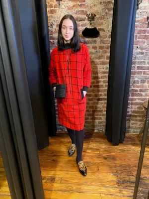 Window pane red bomber dress