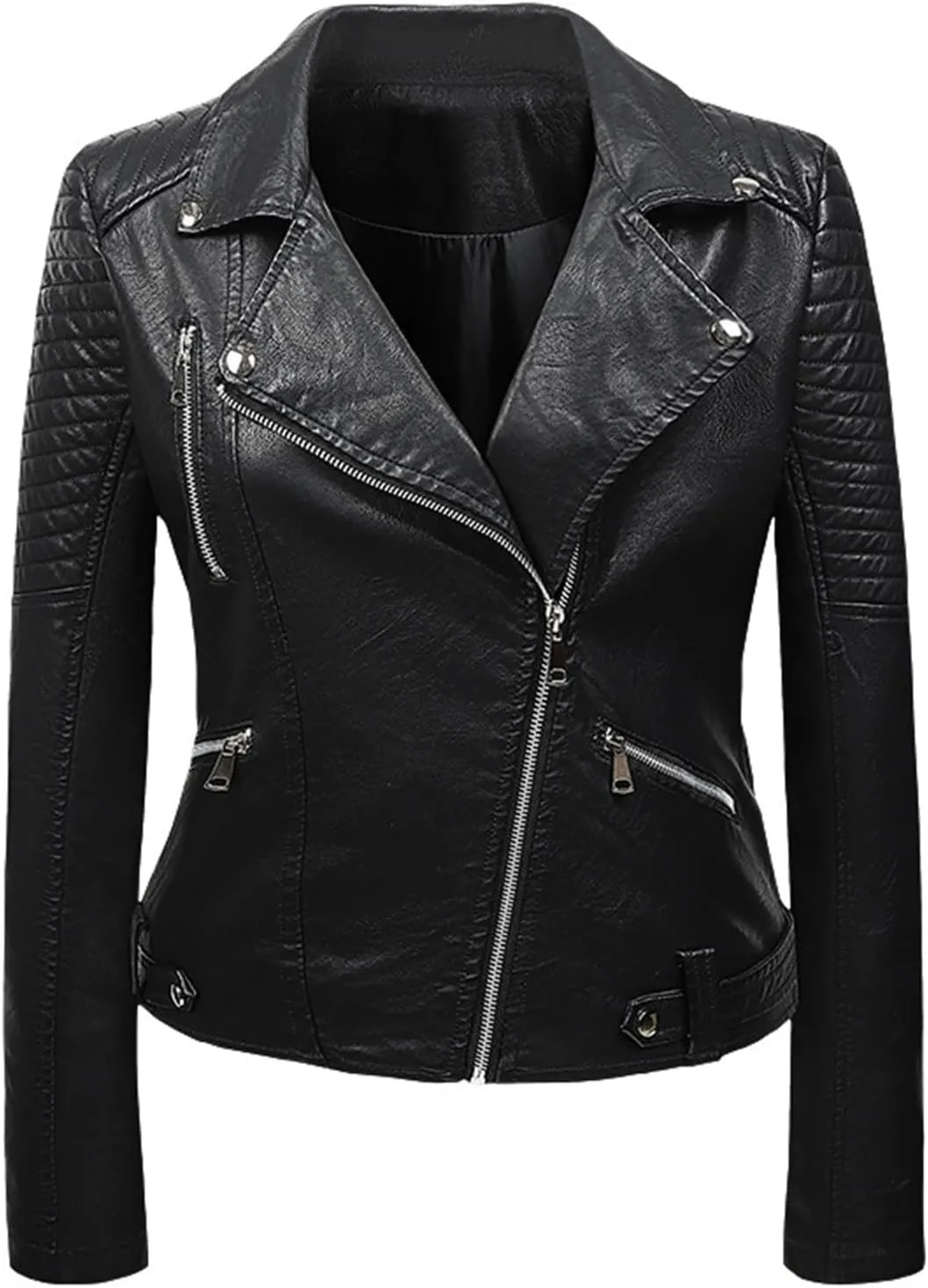 Women Faux Leather Jackets Belted Motorcycle Fashion Pu Moto Biker Short Coat Zip Up Long Sleeves Fitted Slim Outwear