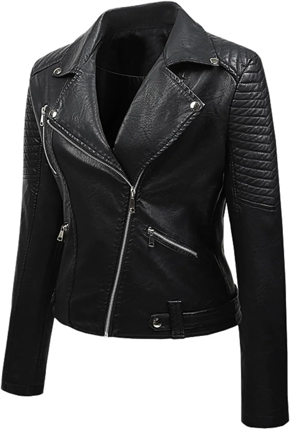 Women Faux Leather Jackets Belted Motorcycle Fashion Pu Moto Biker Short Coat Zip Up Long Sleeves Fitted Slim Outwear