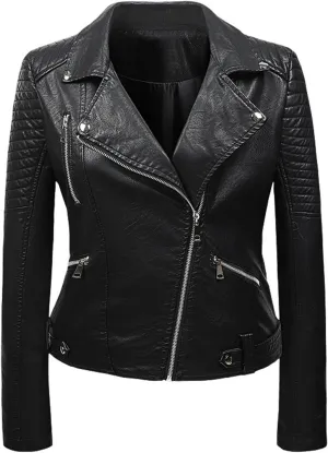 Women Faux Leather Jackets Belted Motorcycle Fashion Pu Moto Biker Short Coat Zip Up Long Sleeves Fitted Slim Outwear