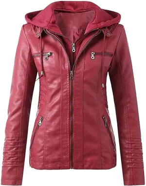 Women's Faux Leather Jacket, Zip Up Motorcycle Short PU Moto Biker Outwear Fitted Slim Coat