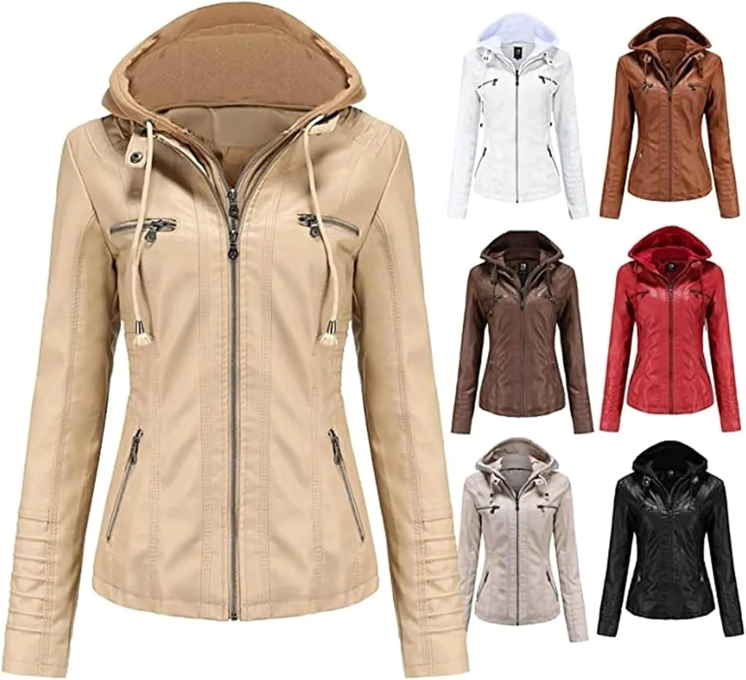 Women's Faux Leather Jacket, Zip Up Motorcycle Short PU Moto Biker Outwear Fitted Slim Coat