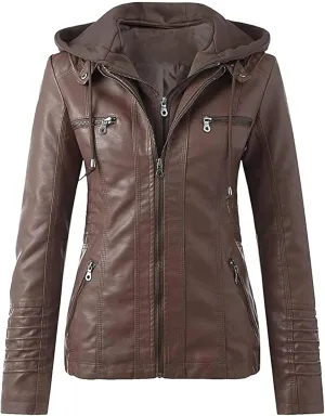 Women's Faux Leather Jacket, Zip Up Motorcycle Short PU Moto Biker Outwear Fitted Slim Coat