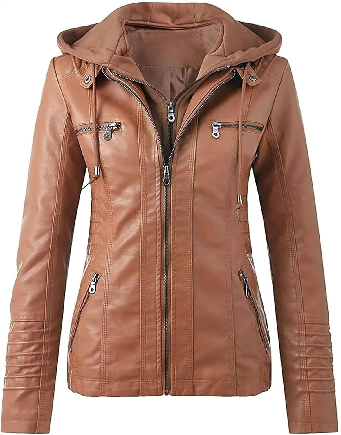 Women's Faux Leather Jacket, Zip Up Motorcycle Short PU Moto Biker Outwear Fitted Slim Coat