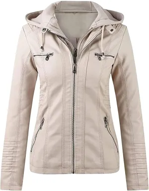 Women's Faux Leather Jacket, Zip Up Motorcycle Short PU Moto Biker Outwear Fitted Slim Coat