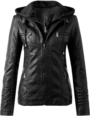Women's Faux Leather Jacket, Zip Up Motorcycle Short PU Moto Biker Outwear Fitted Slim Coat