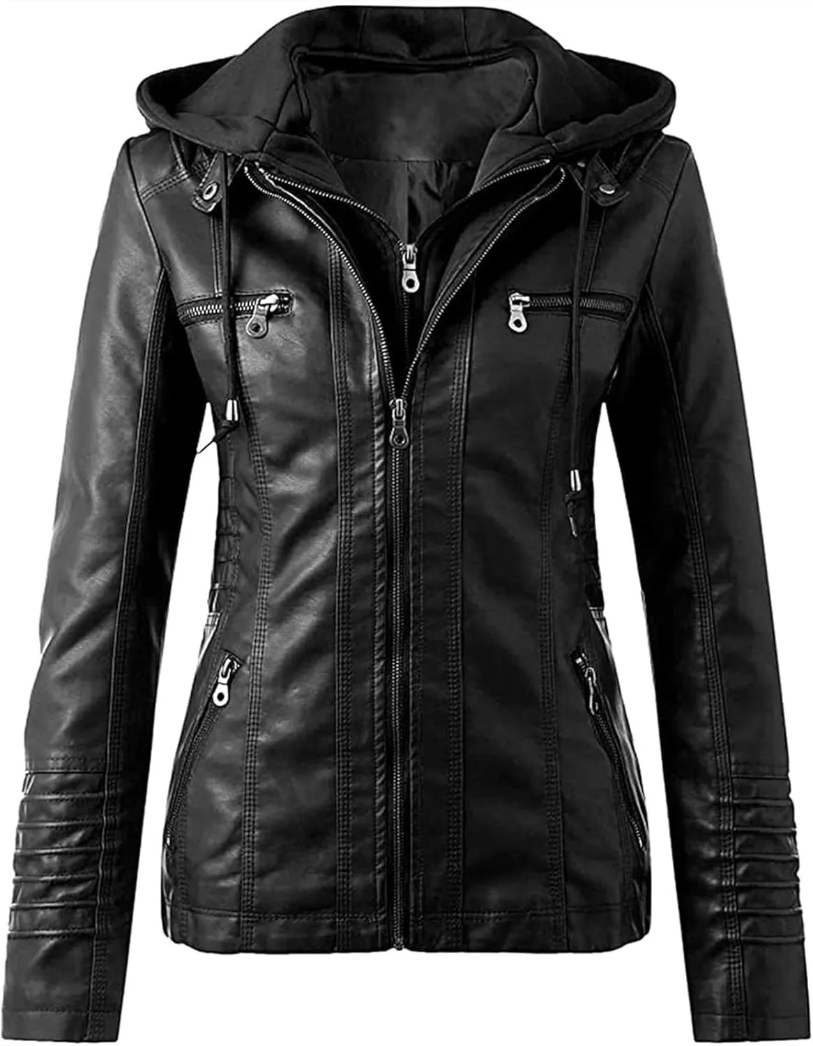 Women's Faux Leather Jacket, Zip Up Motorcycle Short PU Moto Biker Outwear Fitted Slim Coat