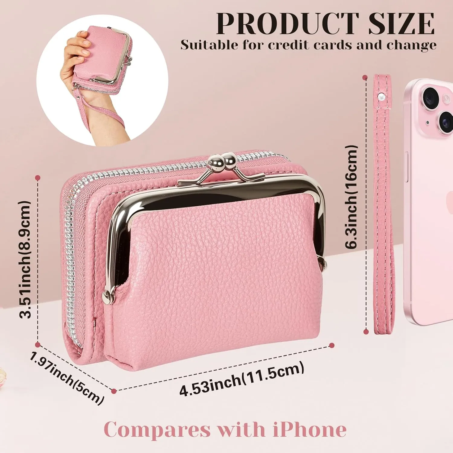 Women's RFID Blocking Wristlet Wallet with Coin Purse - 9 Card Zipper Organizer, PU Leather RFID Wallets for Women with Kiss Lock & Secure Wrist Strap(Pink)