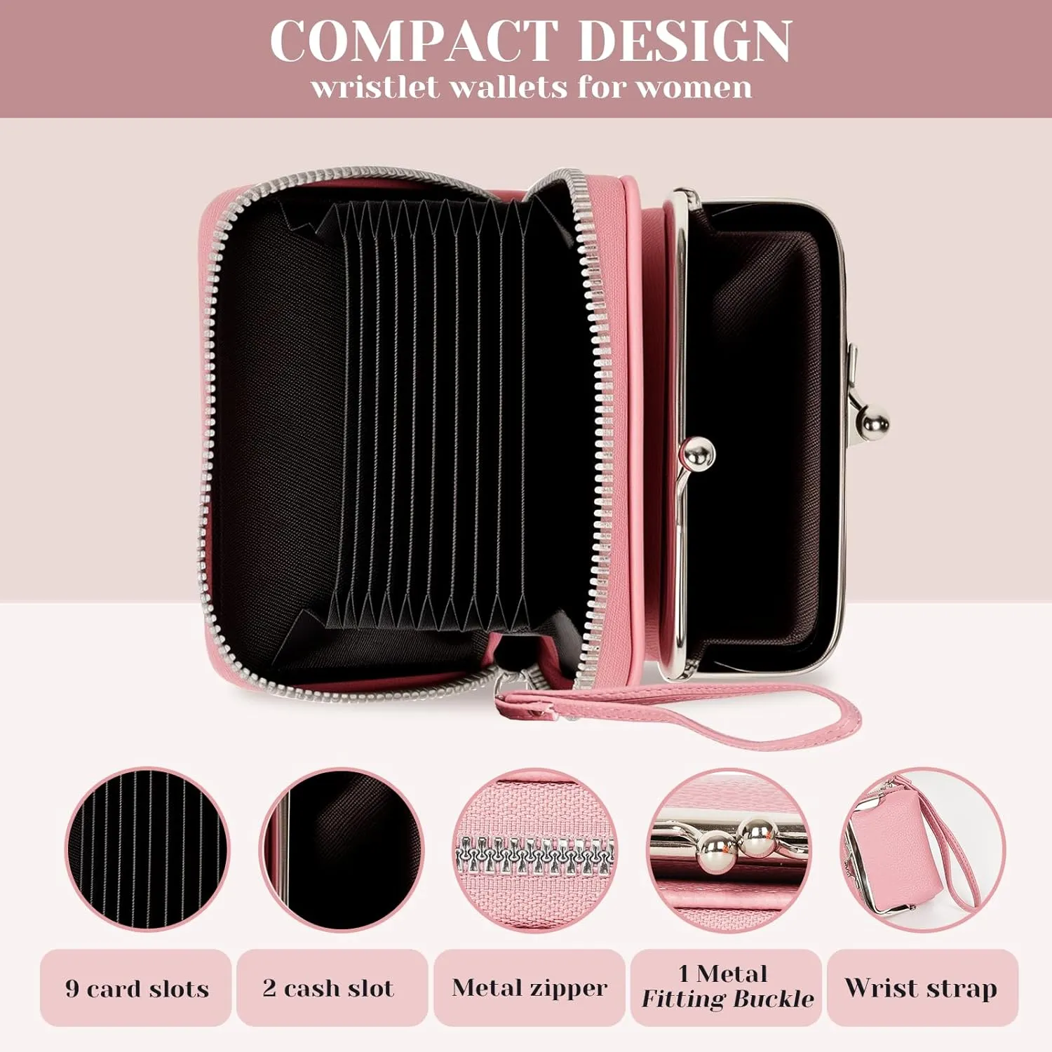 Women's RFID Blocking Wristlet Wallet with Coin Purse - 9 Card Zipper Organizer, PU Leather RFID Wallets for Women with Kiss Lock & Secure Wrist Strap(Pink)