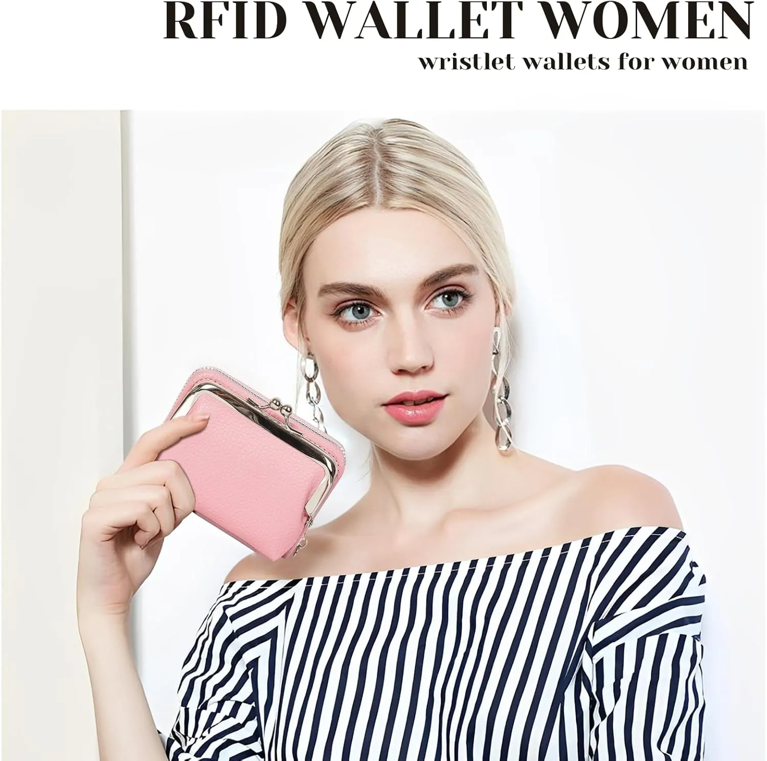 Women's RFID Blocking Wristlet Wallet with Coin Purse - 9 Card Zipper Organizer, PU Leather RFID Wallets for Women with Kiss Lock & Secure Wrist Strap(Pink)
